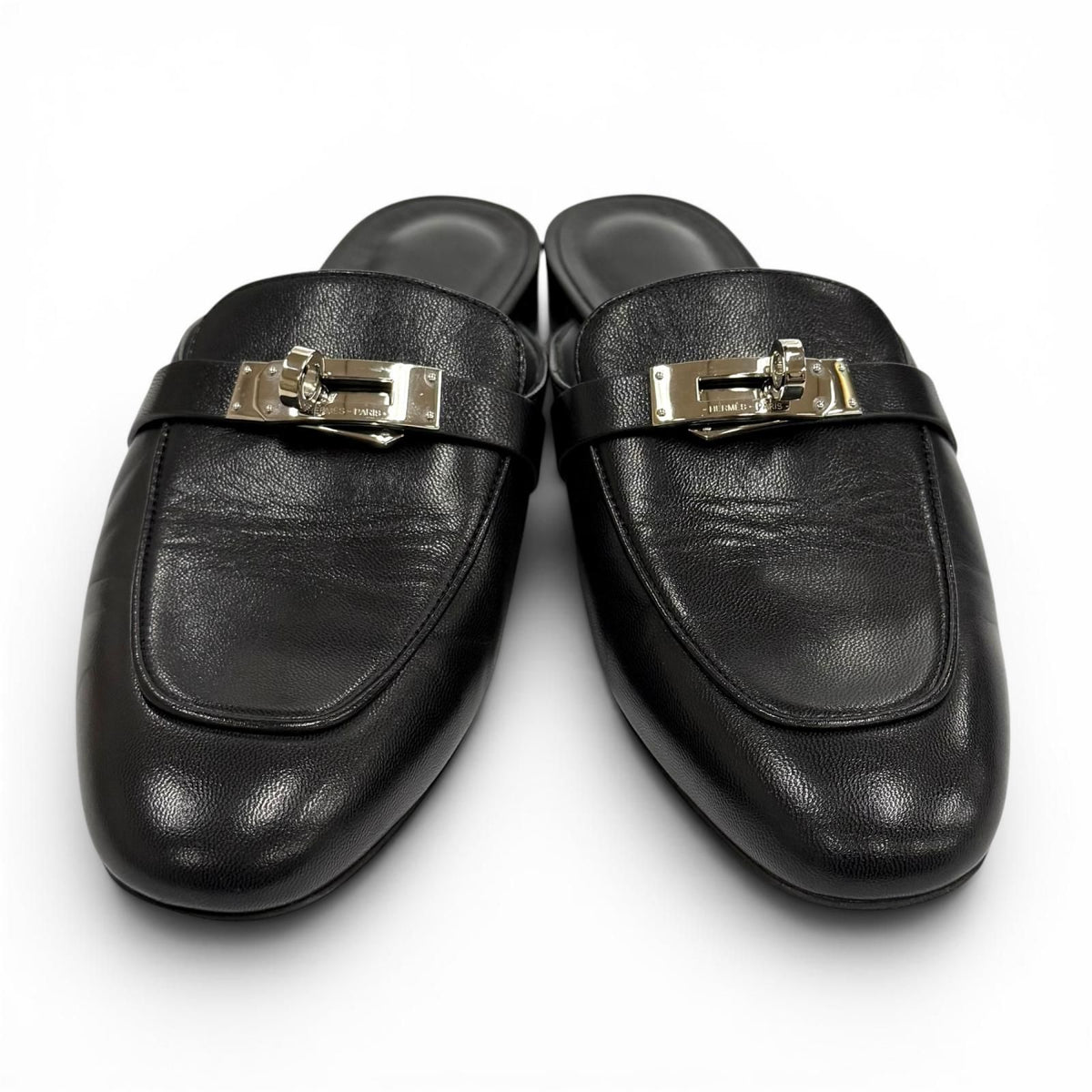 Hermes Oz Chevre Silver Kelly Buckle Mules Black — view 4