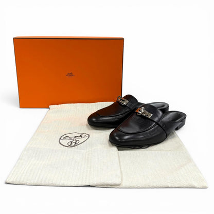 Hermes Oz Chevre Silver Kelly Buckle Mules Black — view 2