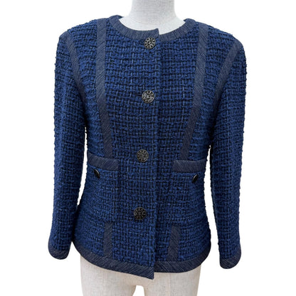 Chanel CC Logo Button Tweed Jacket Collarless Navy 36