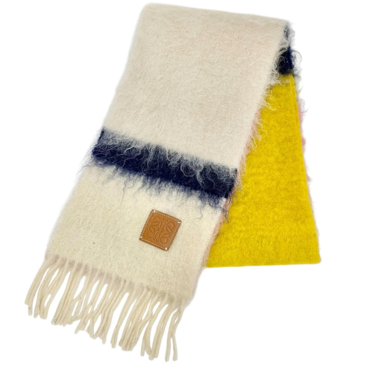 Loewe Wool Mohair Anagram Leather Patch Border Fringe Long Scarf Ivory