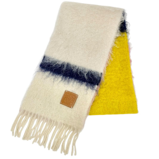 Loewe Wool Mohair Anagram Leather Patch Border Fringe Long Scarf Ivory