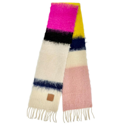 Loewe Wool Mohair Anagram Leather Patch Border Fringe Long Scarf Ivory — view 3