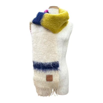 Loewe Wool Mohair Anagram Leather Patch Border Fringe Long Scarf Ivory — view 2
