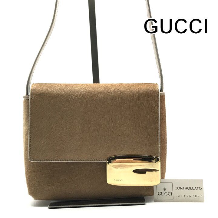 Gucci Vintage Calf Hair Shoulder Bag Beige G Logo