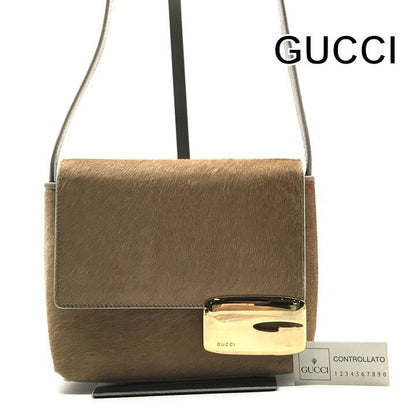 Gucci Vintage Calf Hair Shoulder Bag Beige G Logo