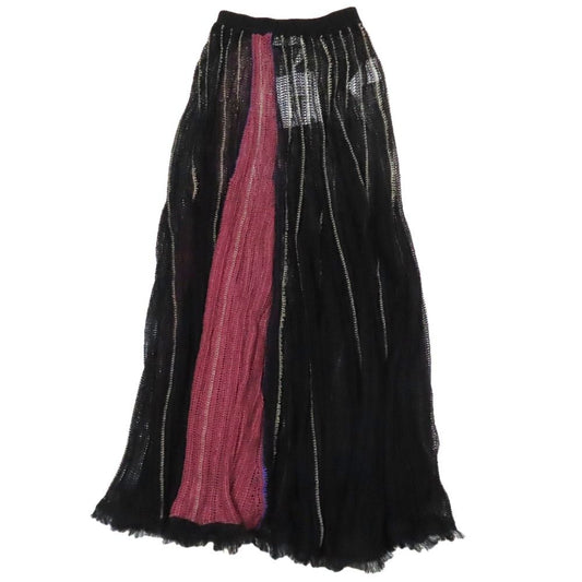 Dior Linen Lace Mesh Flare Skirt Elastic Waist Long Fringe Black 36