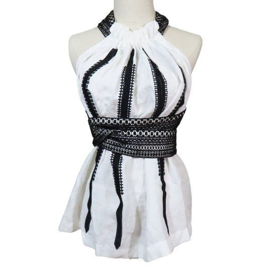 Louis Vuitton Top Halter Neck Sleeveless Top Linen Lace White Black 34