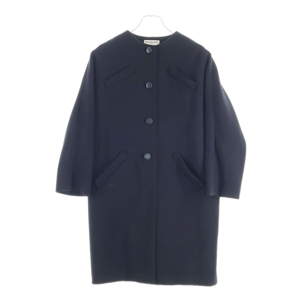 Balenciaga Collarless Wool Long Coat Black