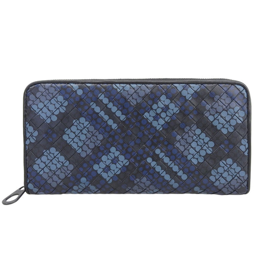 Bottega Veneta Intrecciato Round Zip Leather Wallet Navy Black