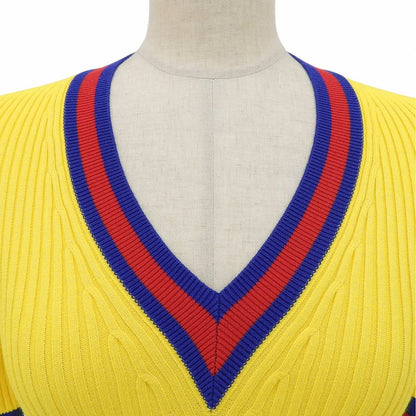 Gucci Web Stripe Cropped Length V-neck Short Sleeve Knit Yellow Blue Red XS — view 3