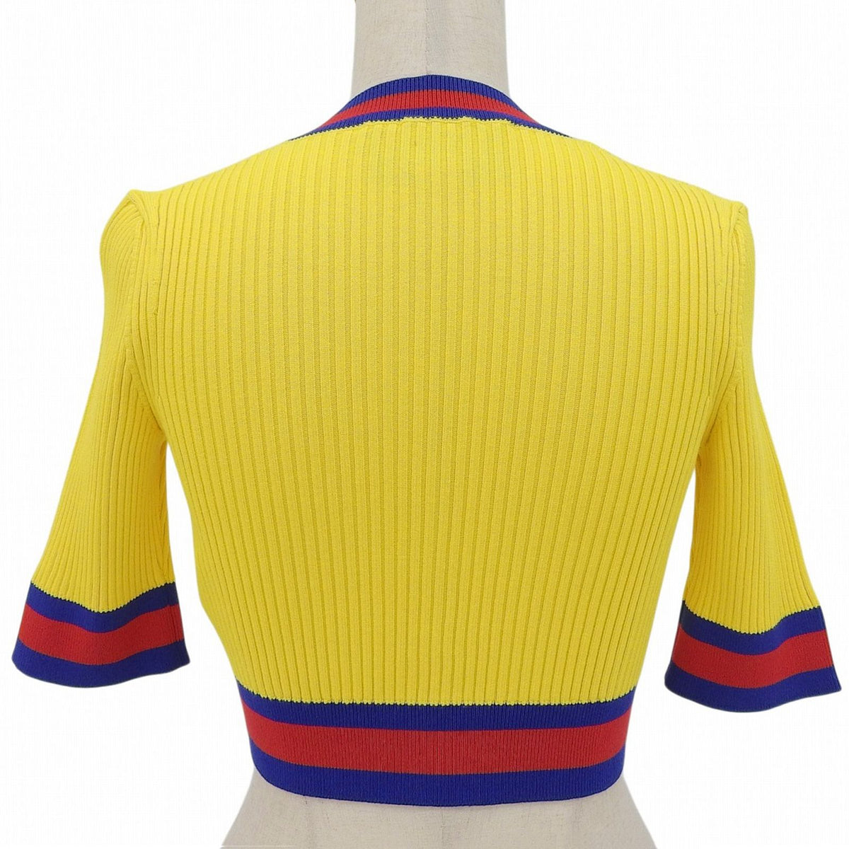 Gucci Web Stripe Cropped Length V-neck Short Sleeve Knit Yellow Blue Red XS — view 2