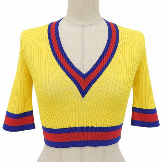 Gucci Web Stripe Cropped Length V-neck Short Sleeve Knit Yellow Blue Red XS