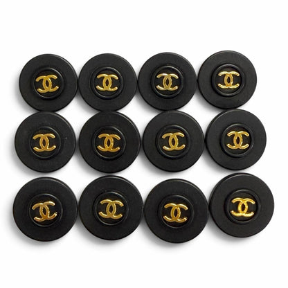 Chanel Vintage CC Logo Round Button 12 Buttons Black Gold Shirt