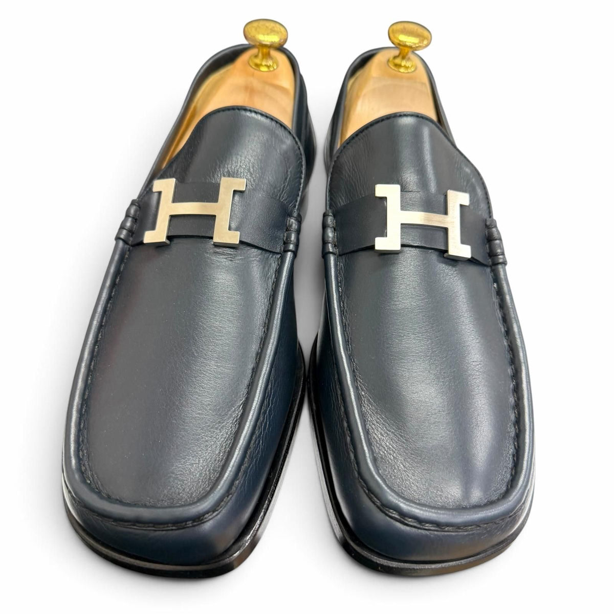 Hermes Leather Silver Constance H Logo Loafers Moccasins Navy — view 3