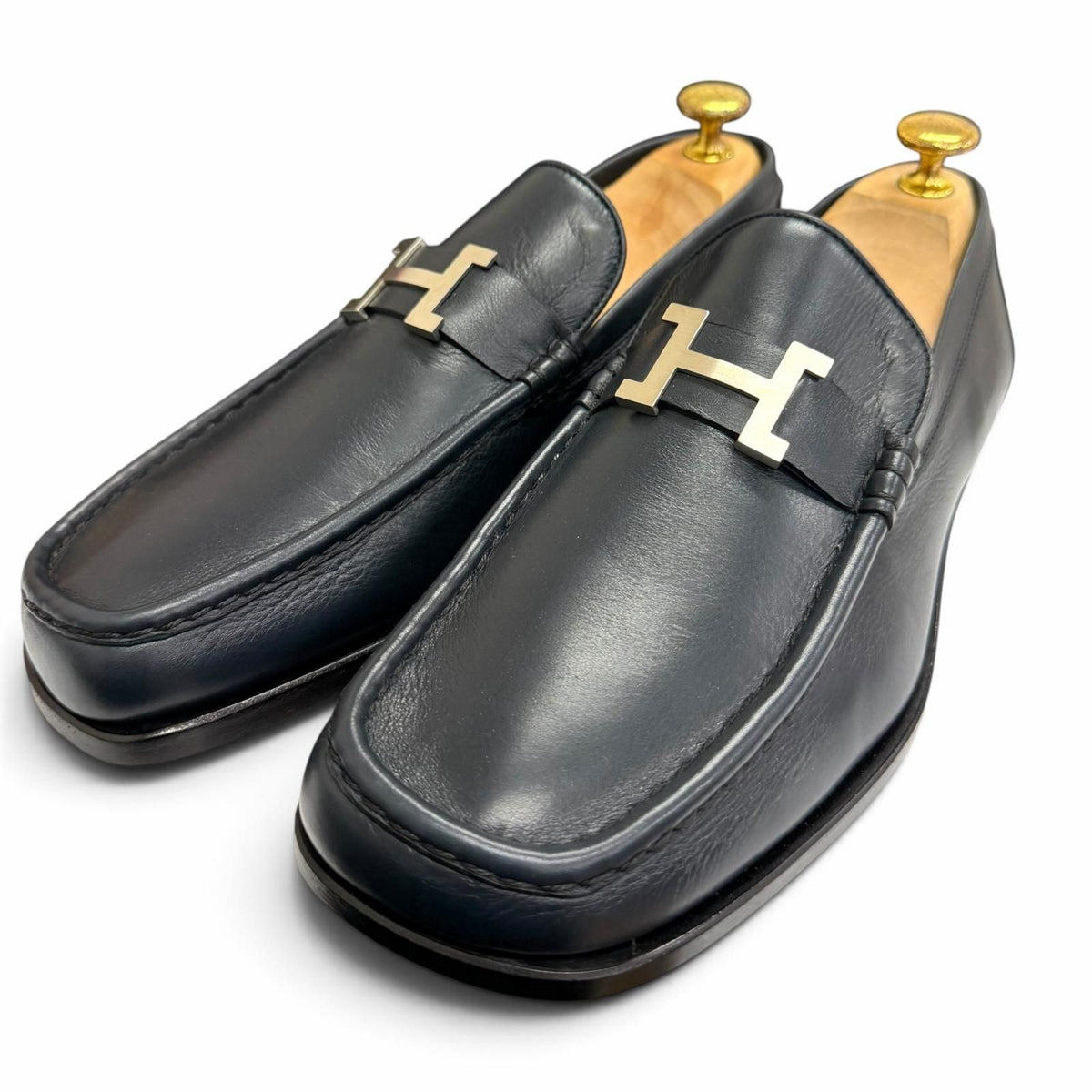 Hermes Leather Silver Constance H Logo Loafers Moccasins Navy