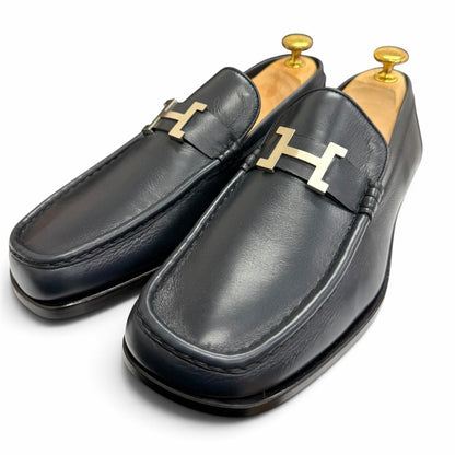 Hermes Leather Silver Constance H Logo Loafers Moccasins Navy