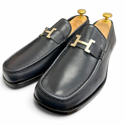 Hermes Leather Silver Constance H Logo Loafers Moccasins Navy