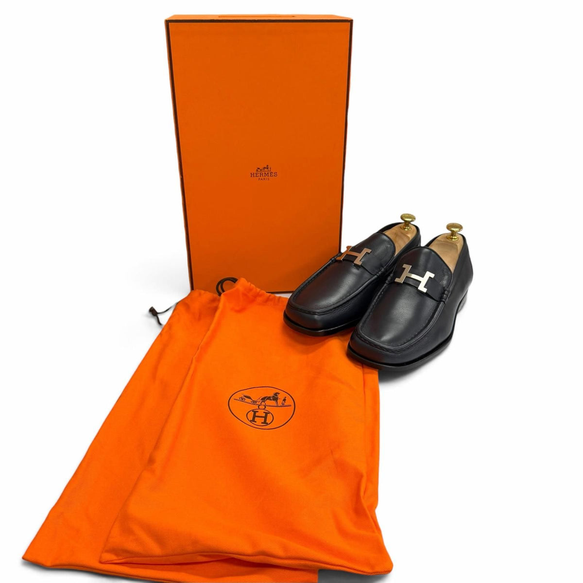 Hermes Leather Silver Constance H Logo Loafers Moccasins Navy — view 2