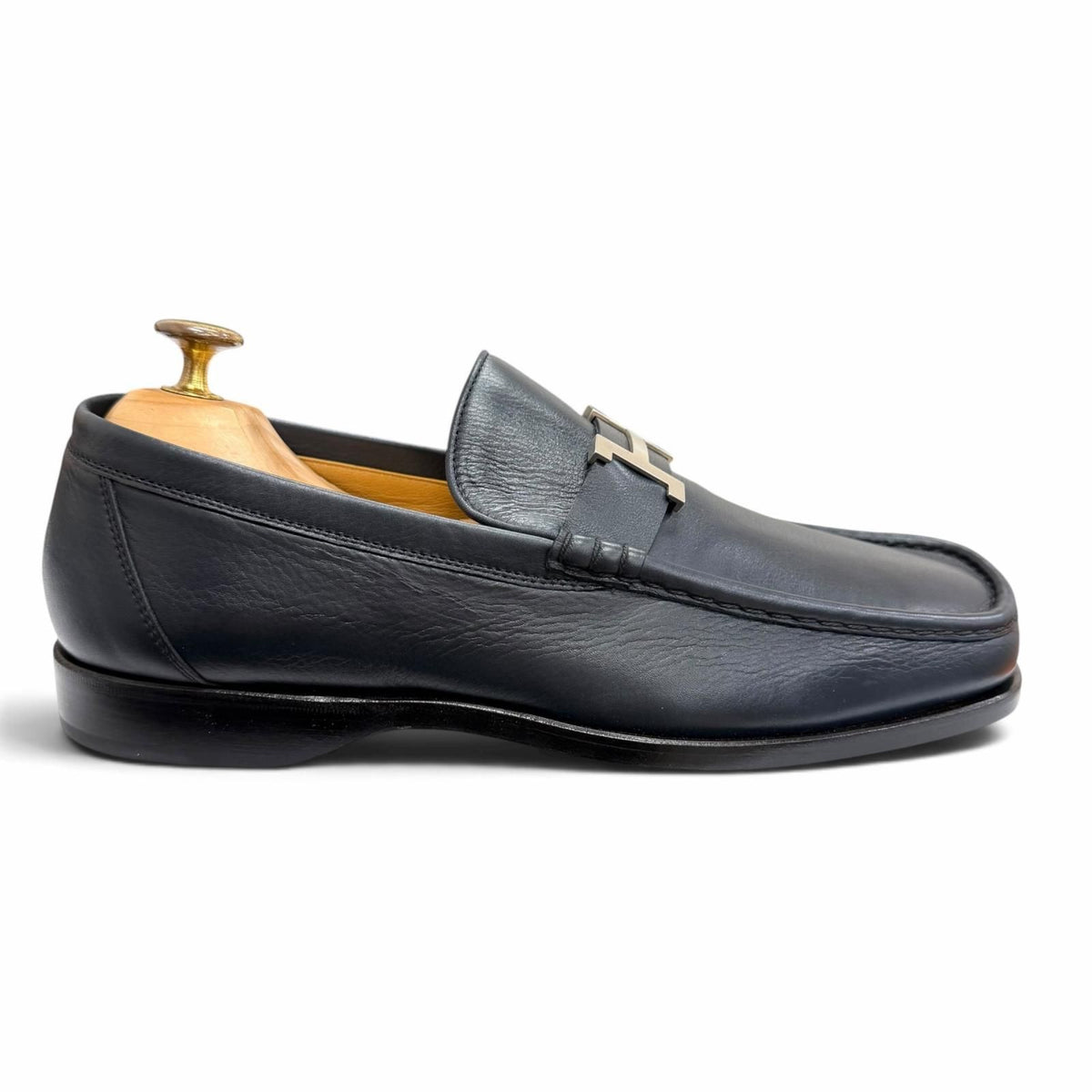 Hermes Leather Silver Constance H Logo Loafers Moccasins Navy — view 7