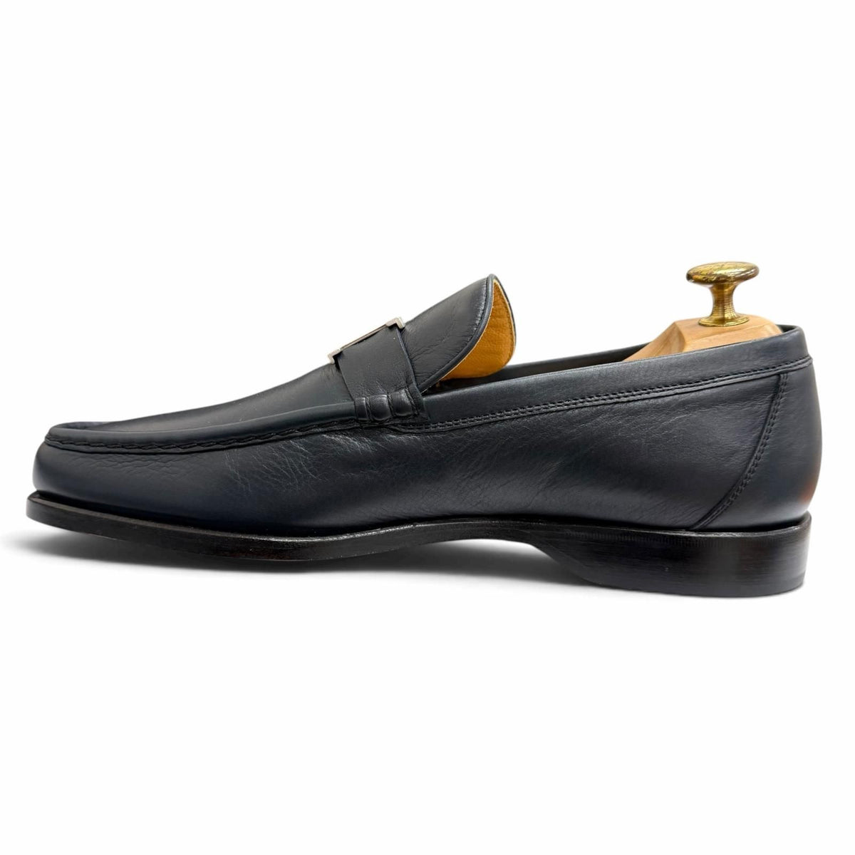 Hermes Leather Silver Constance H Logo Loafers Moccasins Navy — view 6