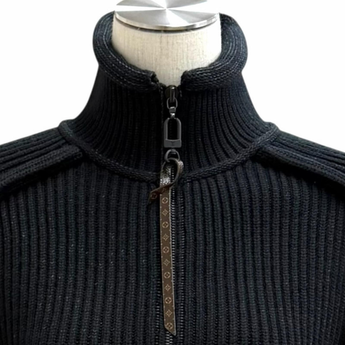 Louis Vuitton Wool Blend Leather Logo Patch Monogram Half Zip Rib Knit Black XS — view 2