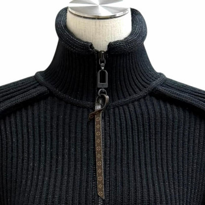 Louis Vuitton Wool Blend Leather Logo Patch Monogram Half Zip Rib Knit Black XS — view 2