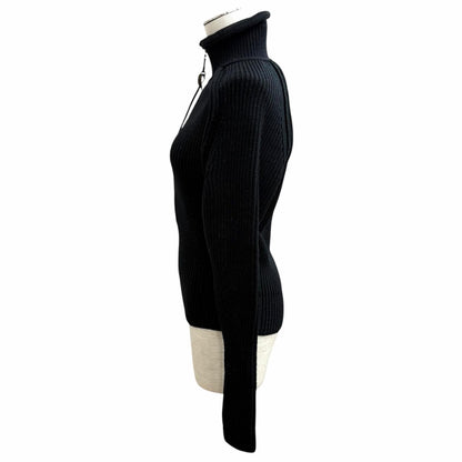 Louis Vuitton Wool Blend Leather Logo Patch Monogram Half Zip Rib Knit Black XS — view 3