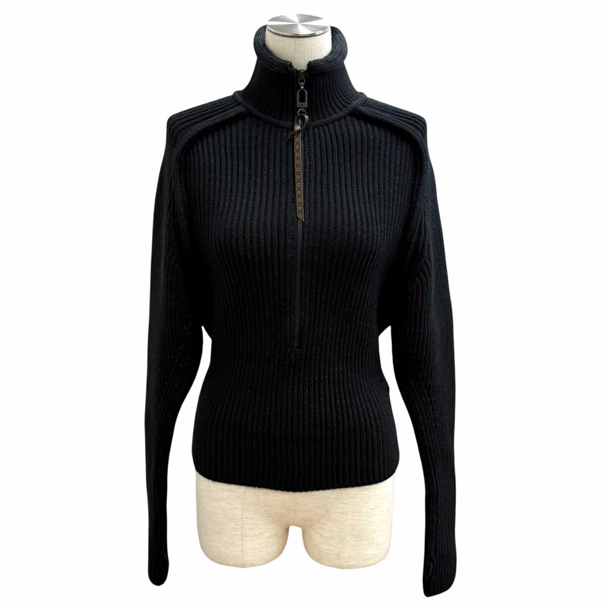 Louis Vuitton Wool Blend Leather Logo Patch Monogram Half Zip Rib Knit Black XS