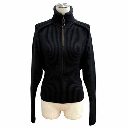 Louis Vuitton Wool Blend Leather Logo Patch Monogram Half Zip Rib Knit Black XS