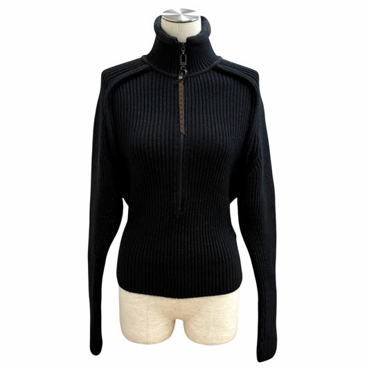 Louis Vuitton Wool Blend Leather Logo Patch Monogram Half Zip Rib Knit Black XS