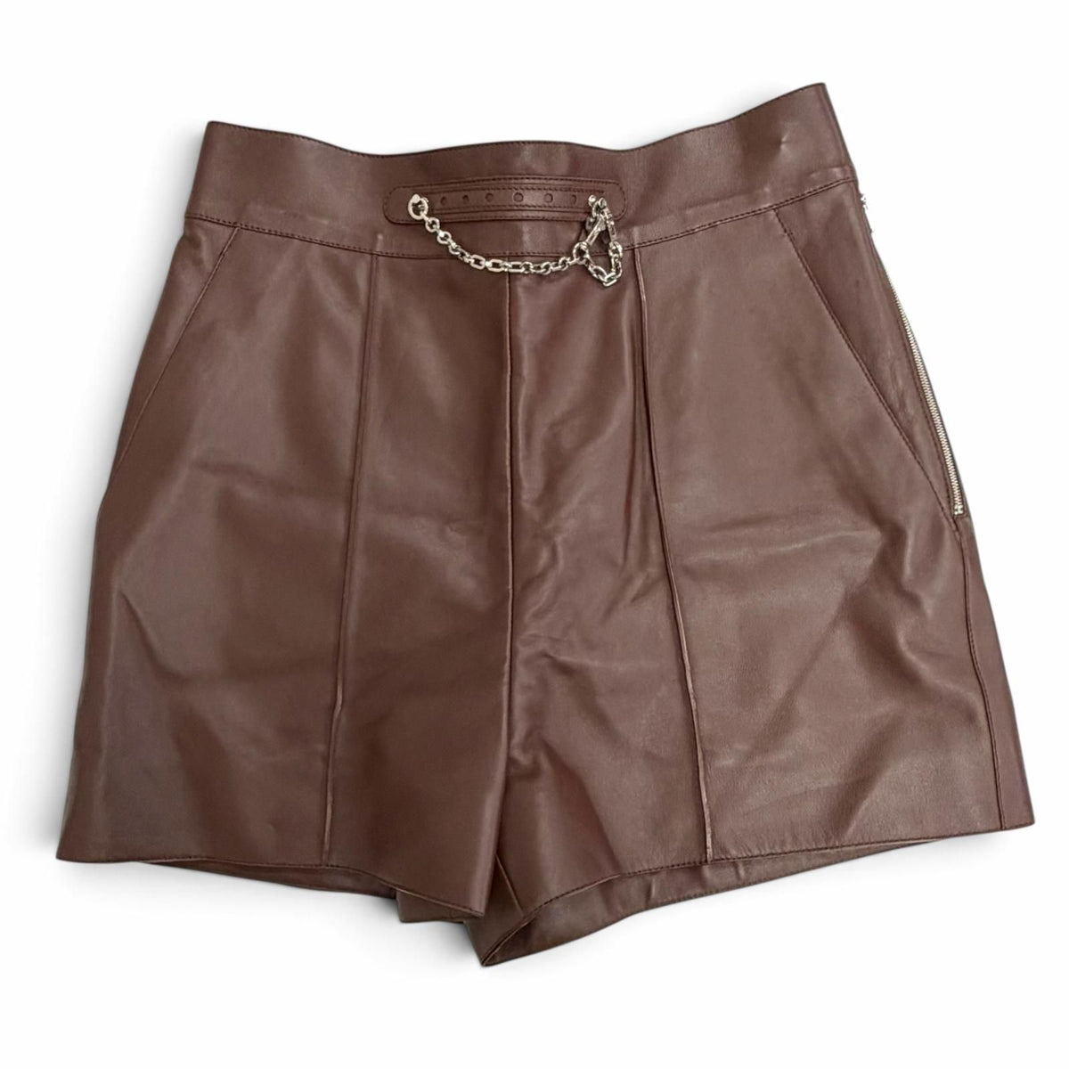 Hermes Silver with Chain Side Zip Lambskin Shorts Dark Brown 36