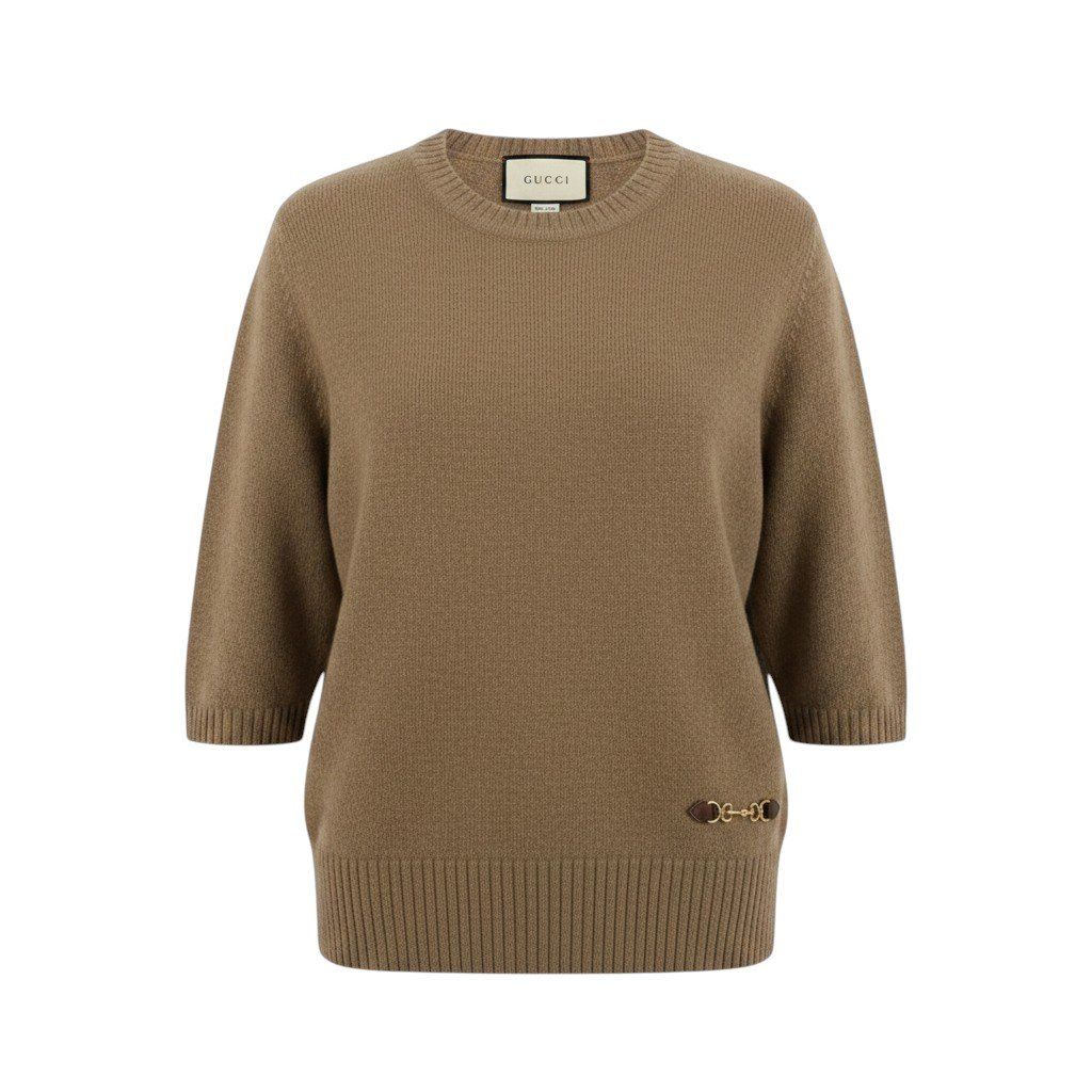 Gucci Cashmere Knit Sweater Horsebit Half Sleeve Beige L