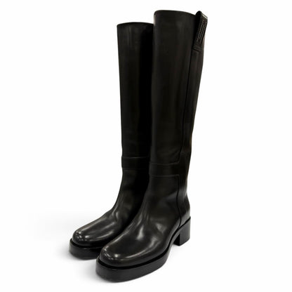 Hermes Horse H Design Leather Long Boots Black