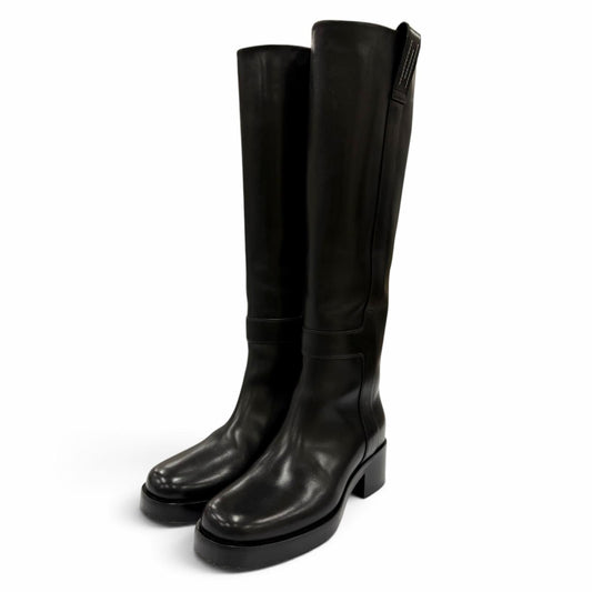 Hermes Horse H Design Leather Long Boots Black