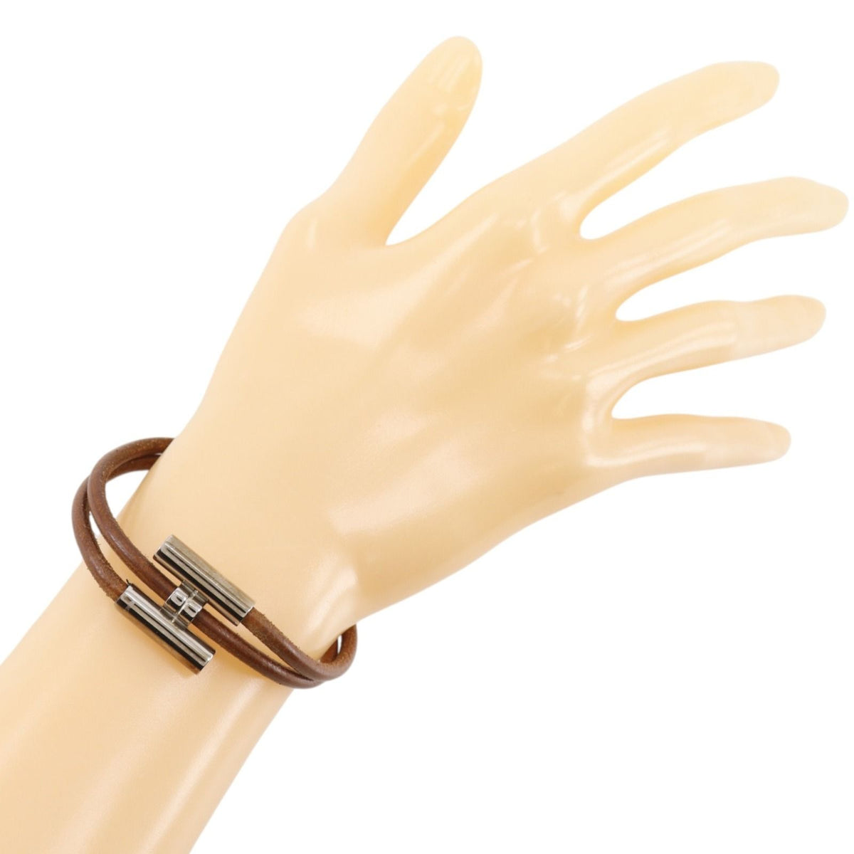 Hermes Tournis Tresse Leather Brown Silver Bracelet — view 2