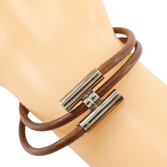Hermes Tournis Tresse Leather Brown Silver Bracelet