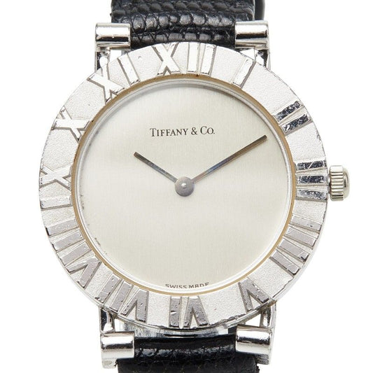 Tiffany & Co Atlas 2 Needle Watch Silver Black 925 Sterling Leather