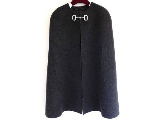 Gucci Horsebit Silk Wool Cape Dark Gray Poncho Cloak