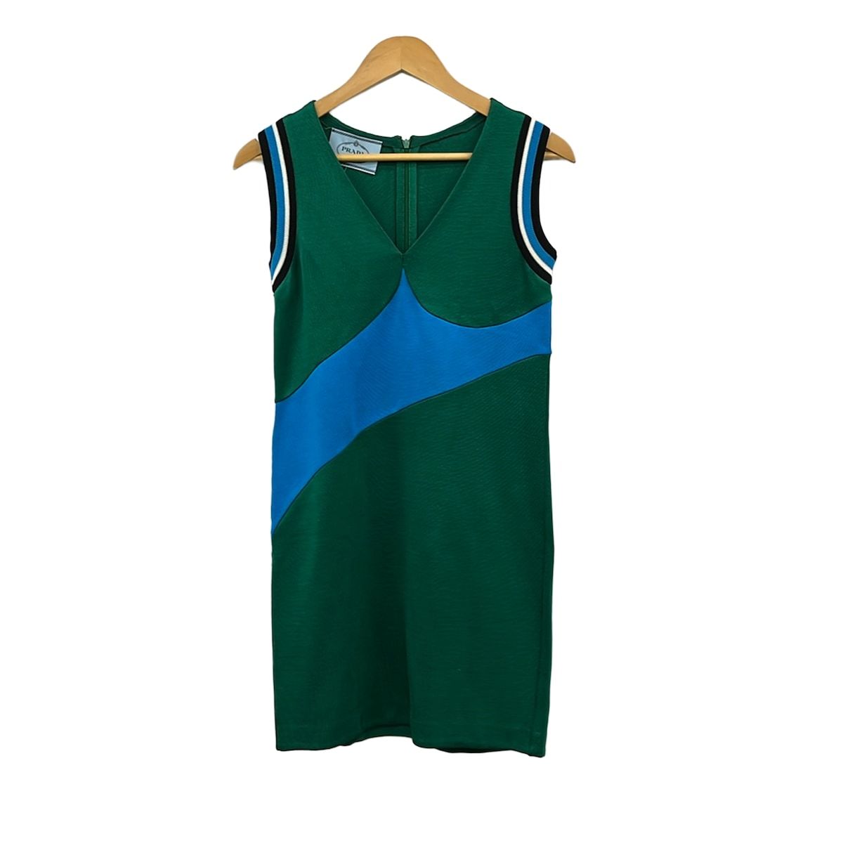 Prada Dress S Green Blue Black V-neck Sleeveless Knee-Length