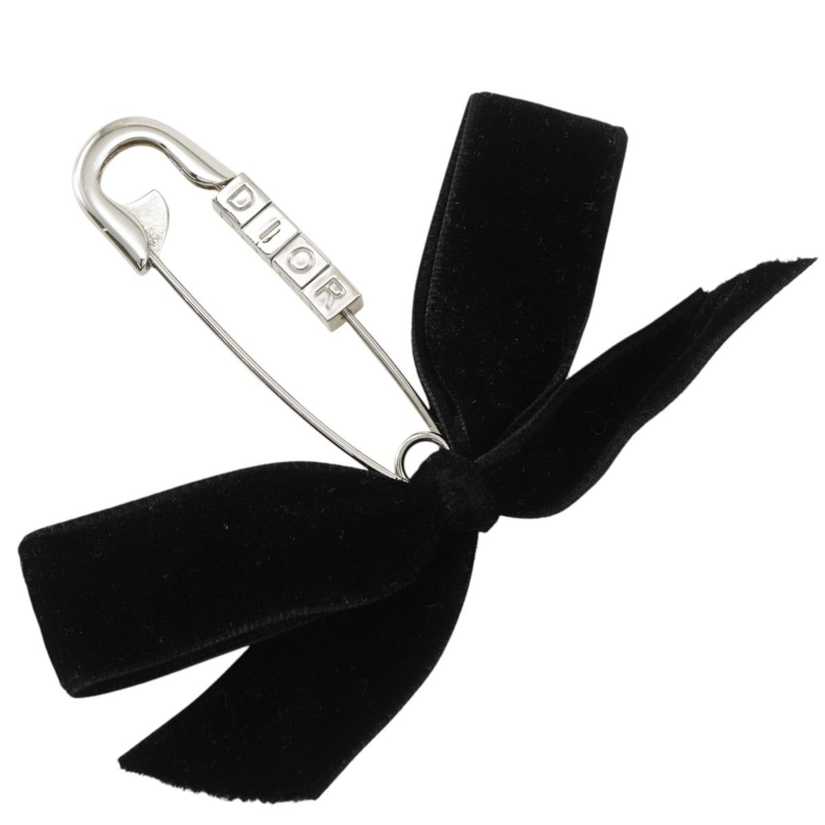 Dior Safety Pin Motif Ribbon Velvet Metal Black Silver Brooch