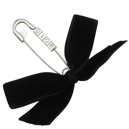 Dior Safety Pin Motif Ribbon Velvet Metal Black Silver Brooch
