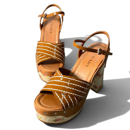 Prada I7 Flower Jacquard Platform Sandals Brown Beige — view 5