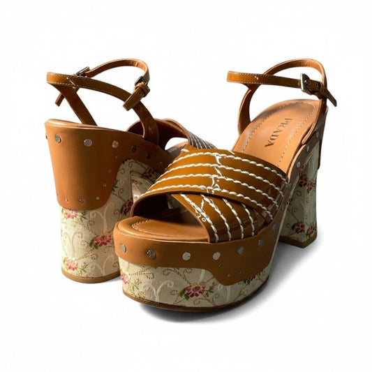Prada I7 Flower Jacquard Platform Sandals Brown Beige
