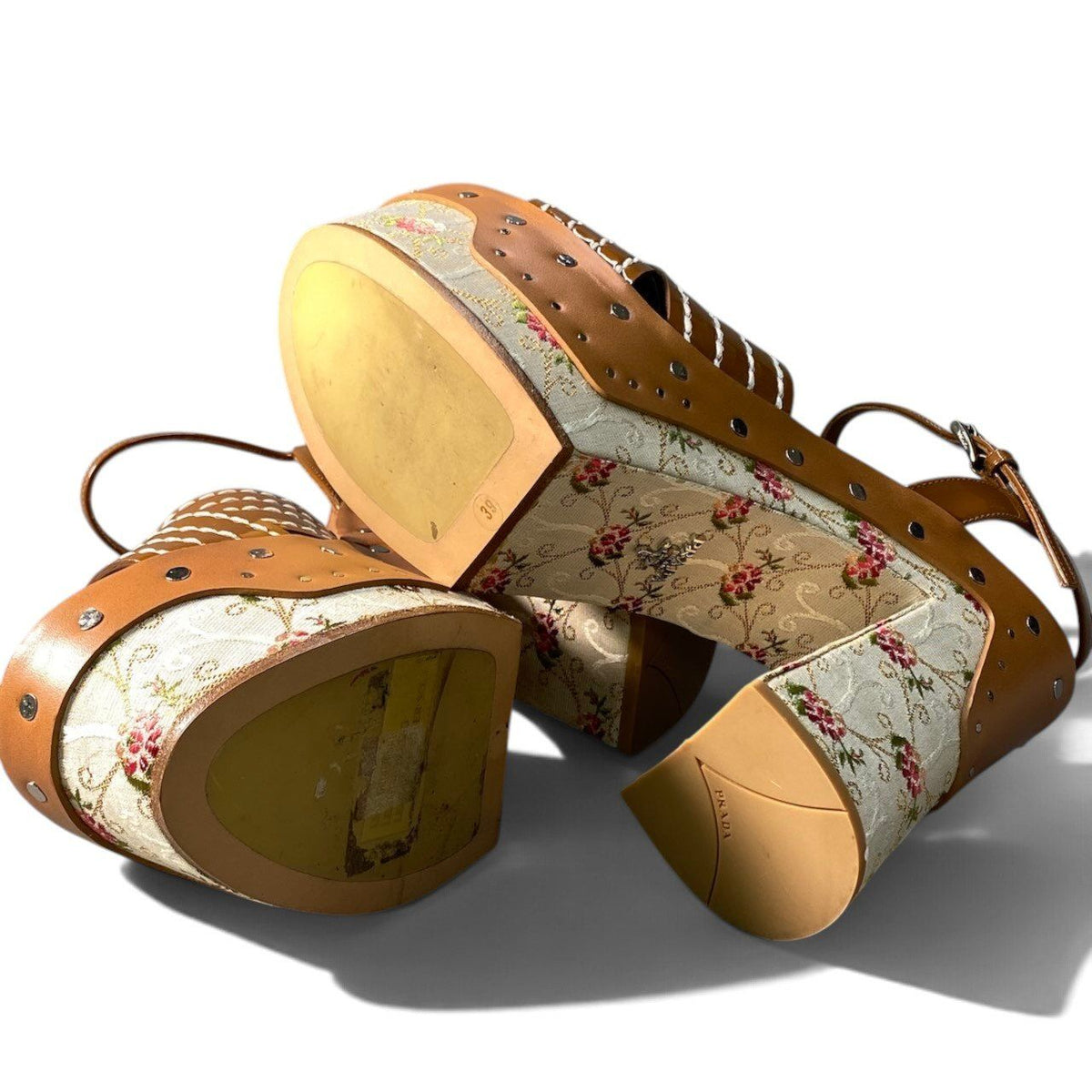 Prada I7 Flower Jacquard Platform Sandals Brown Beige — view 6