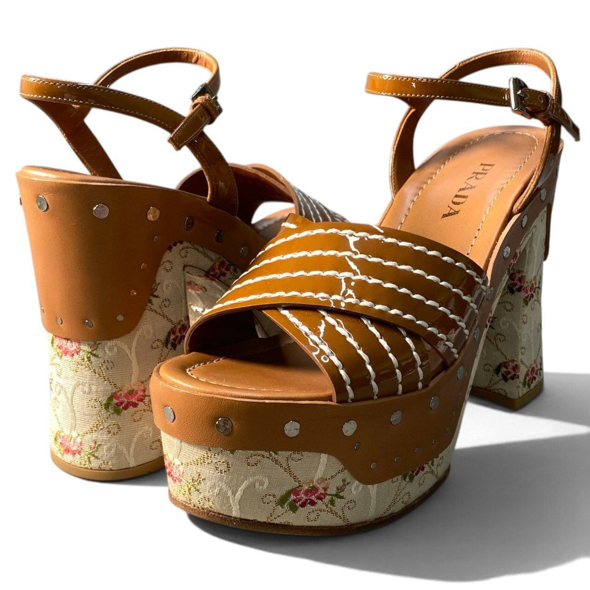 Prada I7 Flower Jacquard Platform Sandals Brown Beige — view 2