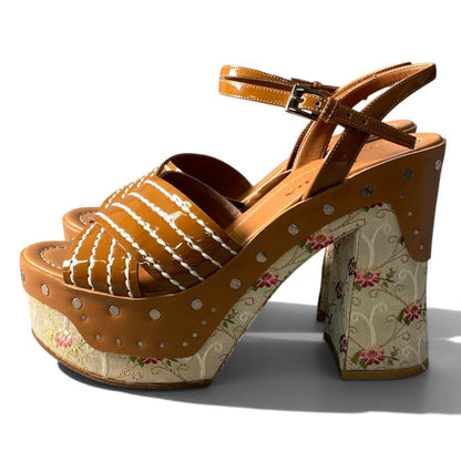 Prada I7 Flower Jacquard Platform Sandals Brown Beige — view 3