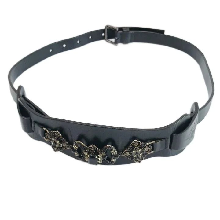 Dolce & Gabbana Belt Leather Buckle Ribbon Rhinestone Bijou 38/80 Black — view 2
