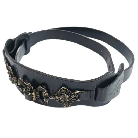 Dolce & Gabbana Belt Leather Buckle Ribbon Rhinestone Bijou 38/80 Black