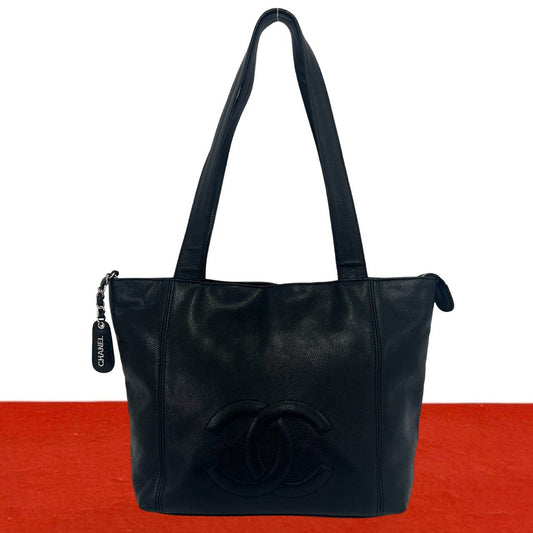 Chanel Vintage CC Logo Stitch Caviar Leather Tote Bag Black