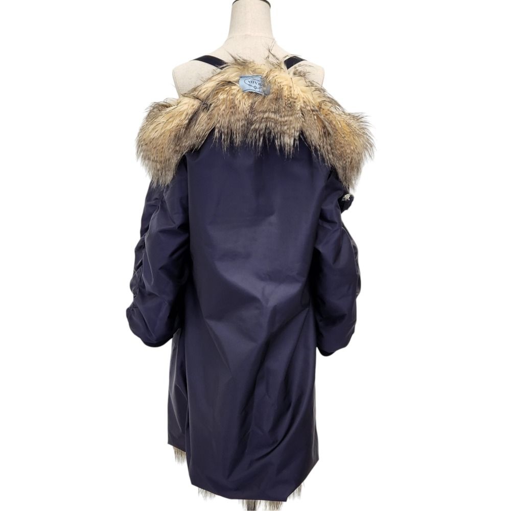 Prada Re-Nylon Triangle Pouch Off Shoulder Faux Fur Coat Navy 36 — view 4